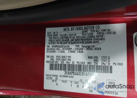 2012 Ford Fusion Sel из США, поврежденный, VIN 3FAHP0JAXCR161696